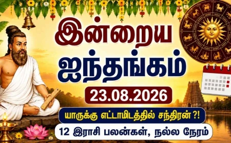 இன்றைய ஐந்தங்கம் 23.08.2026:  யாருக்கு எட்டாமிடத்தில் சந்திரன் ? 12 இராசி பலன்கள், நல்ல நேரம்